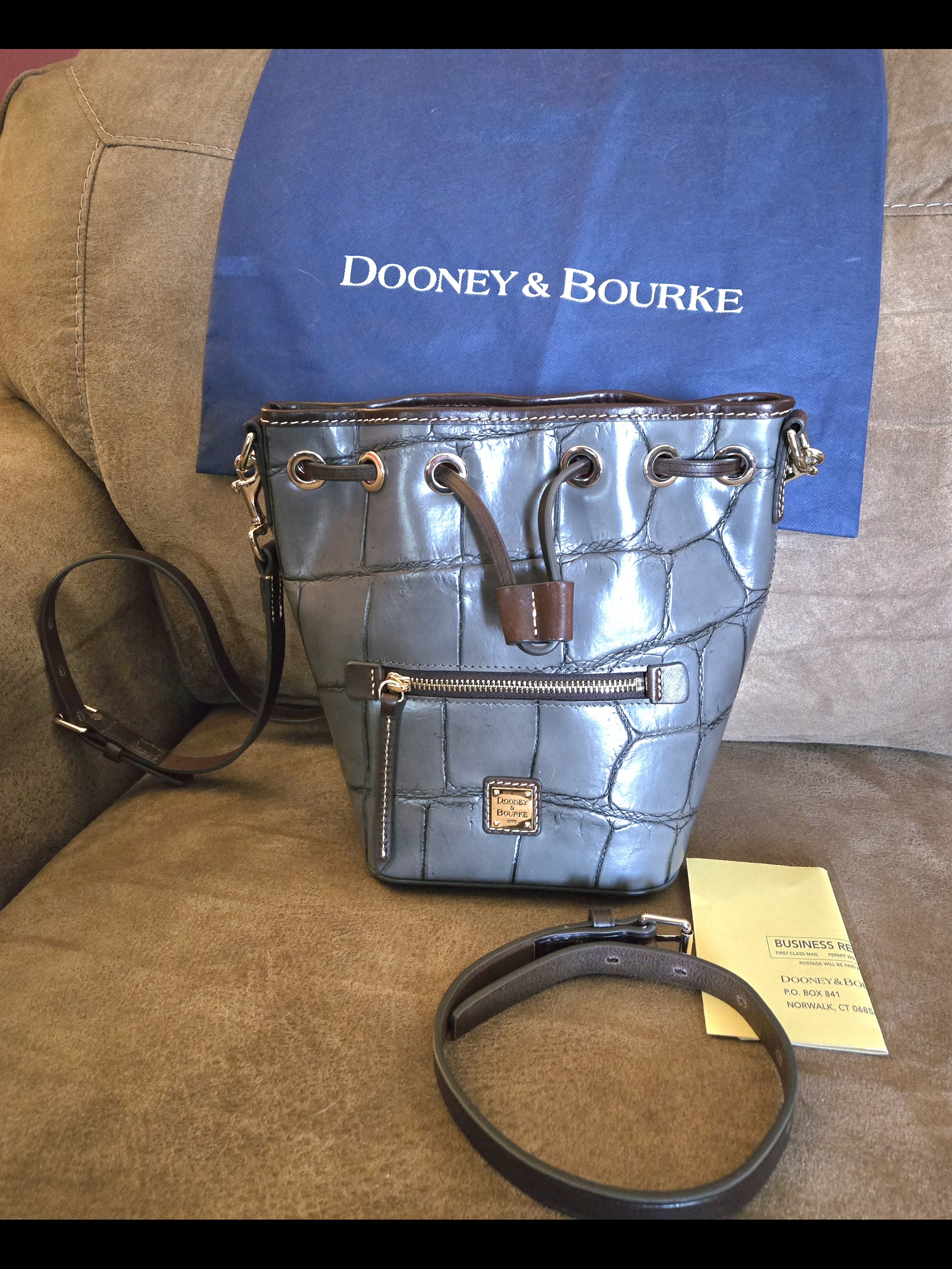 Dooney & Bourke Blue Croc-Embossed Leather Bucket Bag With Brown Trim